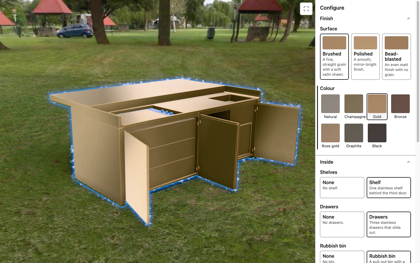 Brushed gold finish in the garden with all front doors open and the electric blue hover outline tracing the unit