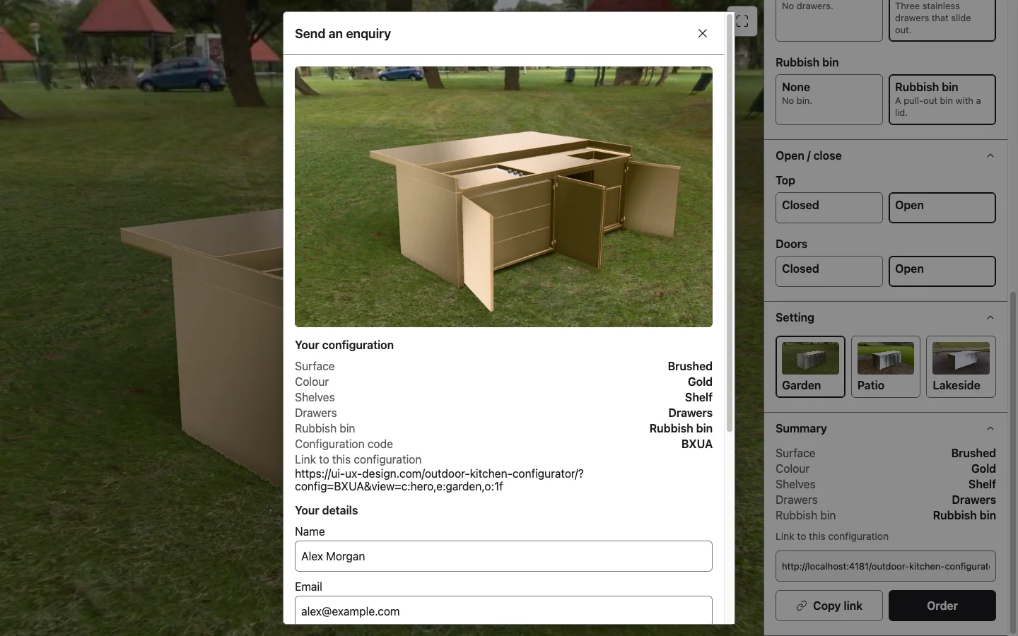 The enquiry form with a picture of the configured unit, the chosen spec, the configuration code and a shareable link